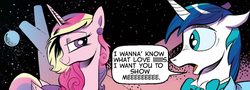 Size: 800x287 | Tagged: safe, idw, official comic, princess cadance, shining armor, g4, neigh anything, spoiler:comic12, 80s, female, foreigner, i want to know what love is, male, ship:shiningcadance, shipping, song reference, straight