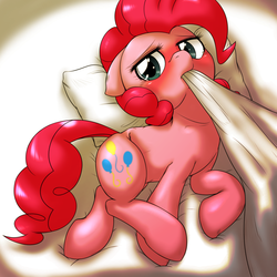 Size: 1000x1000 | Tagged: safe, artist:ushiro no kukan, pinkie pie, earth pony, pony, g4, bed, blanket, blushing, female, mare, solo, sultry pose