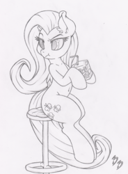 Size: 734x1000 | Tagged: safe, artist:dfectivedvice, fluttershy, pony, g4, :t, belly button, female, grayscale, juice box, monochrome, sitting, solo