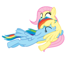 Size: 560x407 | Tagged: dead source, safe, artist:yaco, fluttershy, rainbow dash, g4, eyes closed, hug, wide eyes