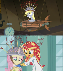 Size: 480x540 | Tagged: safe, screencap, derpy hooves, fluttershy, sunset shimmer, equestria girls, g4, my little pony equestria girls: friendship games, slice of life (episode), the science of magic, colander, comparison, female, muffin 1, sunset the science gal