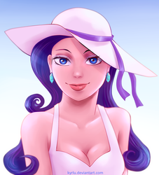 Size: 1000x1100 | Tagged: safe, artist:kyrlu, rarity, human, g4, cleavage, female, hat, humanized, solo