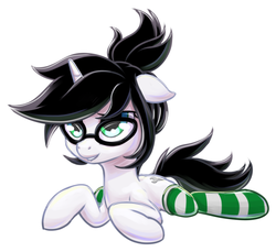 Size: 681x624 | Tagged: safe, artist:stoic5, oc, oc only, oc:jade, pony, unicorn, clothes, glasses, socks, solo, striped socks