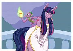 Size: 1813x1280 | Tagged: safe, artist:hobbsmeerkat, spike, twilight sparkle, dragon, unicorn, anthro, g4, alternative cutie mark placement, clothes, dress, evening, fire, gloves, impossibly wide hips, wide hips