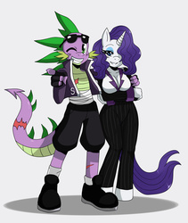 Size: 1598x1890 | Tagged: safe, artist:ss2sonic, rarity, spike, anthro, unguligrade anthro, arm under breasts, breasts, cleavage, female, interspecies, male, shipping, sparity, straight, sunglasses