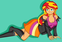 Size: 1280x869 | Tagged: safe, artist:fairiegirl101, sunset shimmer, equestria girls, g4, my little pony equestria girls: rainbow rocks, cleavage, clothes, female, humanized, looking at you, missing shoes, solo, stockings