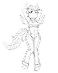 Size: 1735x2192 | Tagged: safe, artist:ss2sonic, scootaloo, anthro, unguligrade anthro, g4, adult, armpits, belly button, clothes, midriff, monochrome, older, pants, tank top