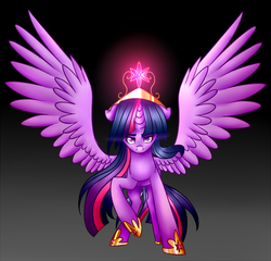 Size: 864x830 | Tagged: safe, artist:peaceouttopizza23, twilight sparkle, alicorn, pony, g4, female, floppy ears, kubrick stare, looking at you, mare, raised hoof, solo, spread wings, twilight sparkle (alicorn)