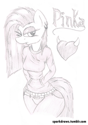 Size: 700x992 | Tagged: safe, artist:sparkdraws, pinkie pie, earth pony, anthro, g4, breasts, busty pinkie pie, clothes, earring, eyeshadow, female, hoodie, piercing, pinkamena diane pie, sketch, solo, traditional art, unamused