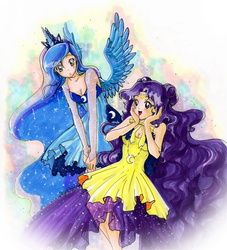 Size: 907x1000 | Tagged: safe, artist:seiyachan, princess luna, human, g4, crossover, cute, duo, horn, horned humanization, humanized, luna (sailor moon), namesake, pun, sailor moon (series), spoilers for another series, traditional art, winged humanization