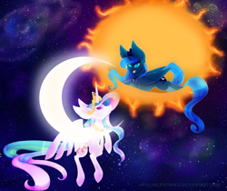 Size: 2500x2100 | Tagged: safe, artist:silentwulv, princess celestia, princess luna, g4, ear fluff, flying, high res, moon, prone, sisters, space, sun, tangible heavenly object