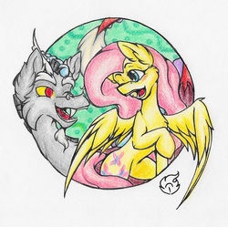 Size: 1488x1481 | Tagged: safe, artist:nekotigerfire, discord, fluttershy, g4, blushing, female, looking at each other, male, one eye closed, open mouth, ship:discoshy, shipping, smiling, spread wings, straight, traditional art, wink