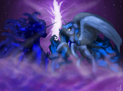 Size: 6490x4822 | Tagged: safe, artist:vinicius040598, princess luna, tantabus, alicorn, pony, do princesses dream of magic sheep, g4, absurd resolution, female, fight, rearing, solo, spread wings