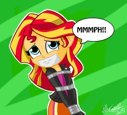 Size: 660x594 | Tagged: safe, artist:gaggeddude32, sunset shimmer, equestria girls, g4, bondage, clothes, duct tape, female, gag, leather jacket, muffled moaning, signature, skirt, solo, speech bubble, tape, tape bondage, tape gag