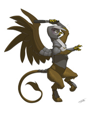 Size: 688x875 | Tagged: safe, artist:taus, gilda, griffon, g4, armor, chest fluff, club (weapon), cute, fanfic art, female, majestic, necklace, paws, pointing, police, solo, spread wings, standing, tiptoe, weapon, wings