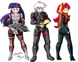 Size: 1600x1265 | Tagged: safe, artist:danmakuman, sunset shimmer, twilight sparkle, oc, human, g4, armor, crossover, gun, humanized, humanized oc, looking at you, mass effect, no trigger discipline, omni-tool, outfit, rifle