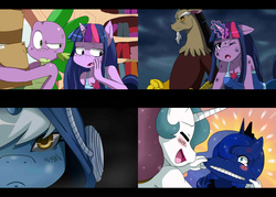 Size: 1960x1400 | Tagged: safe, artist:ss2sonic, discord, princess celestia, princess luna, spike, twilight sparkle, oc, anthro, g4, anime style