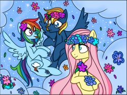 Size: 2048x1536 | Tagged: safe, artist:dolphininspace, fluttershy, rainbow dash, oc, pegasus, pony, g4, cloud, curious, floating, flower, flower in hair, lots of flowers, smiling, tongue out