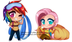 Size: 800x471 | Tagged: safe, artist:dreachu, fluttershy, rainbow dash, human, g4, air ponyville, blushing, chibi, clothes, cute, dashabetes, female, goggles, hand on hip, humanized, looking at you, one eye closed, pants, parachute, shirt, shyabetes, simple background, smiling, transparent background, wink