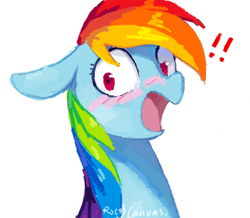 Size: 840x733 | Tagged: safe, artist:rocy canvas, rainbow dash, g4, exclamation point, female, floppy ears, simple background, solo, surprised, white background