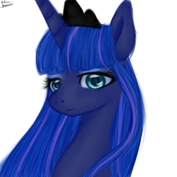 Size: 3000x3000 | Tagged: safe, artist:katkakakao, princess luna, g4, alternate hairstyle, female, frown, high res, looking at you, portrait, solo, unamused