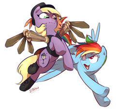 Size: 1310x1213 | Tagged: safe, artist:imalou, rainbow dash, oc, pony, g4, duo, steampunk