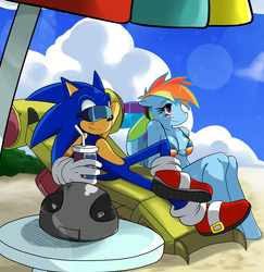 Size: 1984x2039 | Tagged: safe, artist:ss2sonic, rainbow dash, anthro, unguligrade anthro, g4, beach, bikini, breasts, busty rainbow dash, cleavage, clothes, crossover, female, male, rainbow swimsuit, relaxing, shipping, sonic the hedgehog, sonic the hedgehog (series), sonicdash, straight, string bikini, sunglasses, swimsuit