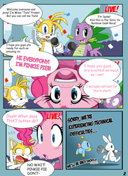 Size: 1180x1618 | Tagged: safe, artist:ss2sonic, angel bunny, pinkie pie, spike, chao, g4, comic, crossover, male, miles "tails" prower, sonic the hedgehog (series)