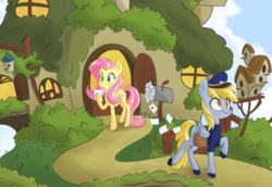 Size: 1500x1034 | Tagged: safe, artist:hidden-cat, derpy hooves, fluttershy, pegasus, pony, g4, female, fluttershy's cottage, mail, mailbag, mailbox, mailmare, mare