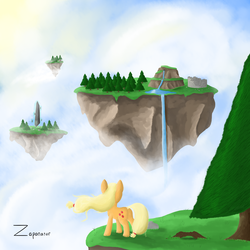 Size: 3500x3500 | Tagged: safe, artist:zaponator, applejack, earth pony, pony, g4, cloud, cloudy, epic, female, floating island, hatless, high res, missing accessory, sky, solo, tree, waterfall