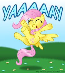 Size: 1024x1151 | Tagged: safe, artist:aleximusprime, fluttershy, g4, butt, cheering, comic sans, cute, eyes closed, female, flying, happy, jumping, open mouth, plot, shyabetes, smiling, solo, spread wings, underhoof, yay