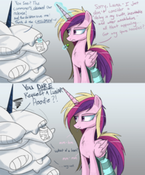 Size: 1700x2048 | Tagged: safe, artist:ncmares, princess cadance, princess luna, alicorn, pony, ask majesty incarnate, g4, candy, clothes, dialogue, eating, female, levitation, lollipop, magic, mare, messy mane, pillow, rest in peace, socks, striped socks, telekinesis