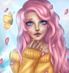 Size: 1800x1900 | Tagged: safe, artist:skycen, fluttershy, butterfly, human, g4, alternative cutie mark placement, clothes, cutie mark, facial cutie mark, female, humanized, looking at you, nail polish, solo, sweater, sweatershy