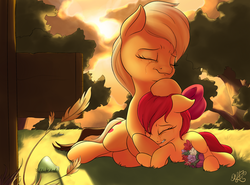 Size: 2700x2000 | Tagged: safe, artist:nobody47, apple bloom, applejack, g4, crying, feels, flower, grave, high res, sisters
