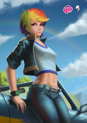 Size: 2480x3508 | Tagged: safe, artist:hunky-dory-artist, rainbow dash, human, g4, belly button, car, clothes, cutie mark, earring, female, high res, humanized, leather jacket, looking at you, midriff, my little pony logo, piercing, sky, solo, tattoo