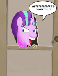 Size: 2552x3340 | Tagged: safe, artist:saburodaimando, starlight glimmer, g4, creepy, door, here's johnny, high res, movie reference, oh crap, s5 starlight, teeth, the shining