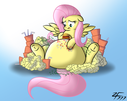 Size: 1280x1020 | Tagged: safe, artist:zeldafan777, fluttershy, g4, adorafatty, burger, cute, fast food, fat, fattershy, female, food, huge belly, impossibly large belly, large belly, messy, messy eating, obese, overweight, solo, stomach noise, stuffed, trash
