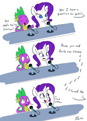 Size: 1280x1770 | Tagged: safe, artist:tsitra360, rarity, spike, bronycon, g4, 30 minute art challenge, comic, dialogue, eyes closed, frown, innocent innuendo, microphone, nervous, open mouth, smiling, stuttering, wide eyes