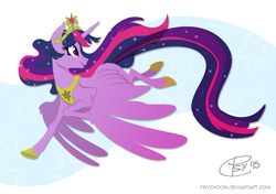 Size: 595x420 | Tagged: safe, artist:psychoon, twilight sparkle, alicorn, pony, g4, ethereal mane, female, flying, mare, older, smiling, solo, sparkles, twilight sparkle (alicorn), ultimate twilight