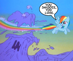 Size: 575x479 | Tagged: safe, edit, edited screencap, screencap, rainbow dash, the smooze, pegasus, pony, g1, g4, my little pony: the movie (g1), female, flying, looking back, mare, open mouth, smiling, sonic rainboom