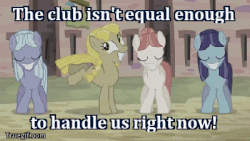 Size: 400x225 | Tagged: safe, screencap, blueberry frosting, cloud brûlée, dusk drift, offbeat, earth pony, pony, g4, season 5, the cutie map, animated, background pony, dancing, equal cutie mark, equalized, female, image macro, mare, meme, smiling, the club can't even handle me right now