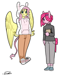 Size: 882x1000 | Tagged: safe, artist:siden, fluttershy, pinkie pie, oc, oc:cottontail, oc:ink blot, anthro, ultimare universe, g4, alternate universe, bunny ears, clothes, converse, hoodie
