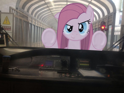 Size: 1024x768 | Tagged: safe, pinkie pie, earth pony, pony, g4, female, fourth wall, glare, looking at you, pinkamena diane pie, railroad, railway signal, raised eyebrow, signal, smirk, solo, subway, train, underhoof