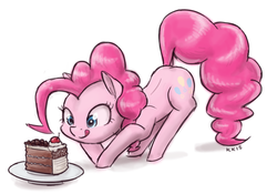 Size: 1000x699 | Tagged: safe, artist:king-kakapo, pinkie pie, earth pony, pony, g4, cake, cute, diapinkes, eyes on the prize, female, mare, plate, simple background, solo, tongue out, white background
