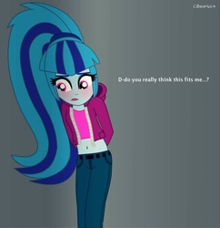 Size: 600x621 | Tagged: safe, artist:cbear624, sonata dusk, equestria girls, g4, belly button, blushing, dialogue, female, midriff, solo