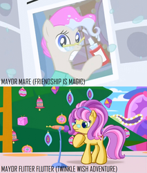 Size: 740x870 | Tagged: safe, screencap, mayor flitter flutter, mayor mare, g3, g3.5, g4, ponyville confidential, twinkle wish adventure, comparison, cropped, hair dye, newspaper, non-dyed mayor