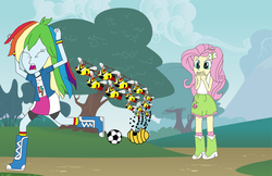 Size: 928x600 | Tagged: safe, artist:equestriaguy637, fluttershy, rainbow dash, bee, equestria girls, g4, beehive, football, hand over mouth, not the bees, rainbow dumb, stupidity