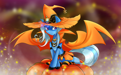 Size: 3360x2100 | Tagged: safe, artist:malifikyse, trixie, pony, unicorn, g4, cape, cape wings, clothes, female, halloween, high res, mare, pumpkin, socks, solo, striped socks, witch