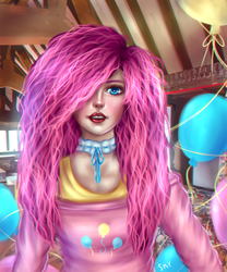 Size: 2000x2400 | Tagged: safe, artist:skycen, pinkie pie, human, g4, bad hair day, clothes, female, high res, humanized, looking at you, necklace, signature, solo, sugarcube corner