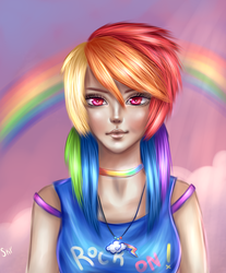 Size: 1900x2300 | Tagged: safe, artist:skycen, rainbow dash, human, g4, bust, choker, clothes, female, flower, heart eyes, humanized, lidded eyes, looking at you, necklace, pendant, rainbow, rock on, signature, smiling, solo, wingding eyes